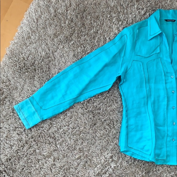SAMUEL DONG 100% Linen Button Down Teal Top - Picture 4 of 16